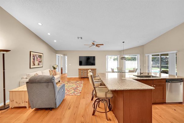 Dining room, Interior, Kitchen, Living room, Pendant Lights, Recessed Lighting, Wood Texture Flooring