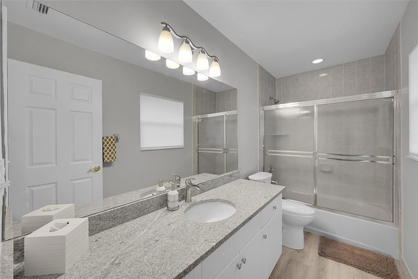 Bathroom, Dual Sink Vanities, Glass Shower, Interior, Recessed Lighting, Wood Texture Flooring