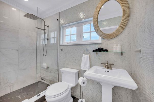 Bathroom, Glass Shower, Interior, Marble Walls, Recessed Lighting