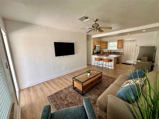 Interior, Kitchen, Living room, Recessed Lighting, Wood Texture Flooring