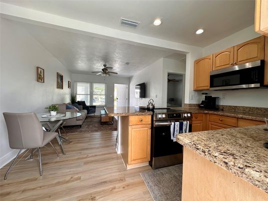 Dining room, Interior, Kitchen, Living room, Recessed Lighting, Wood Texture Flooring