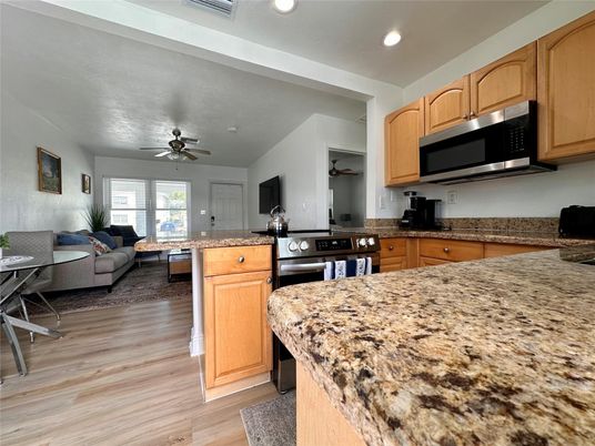 Interior, Kitchen, Living room, Recessed Lighting, Wood Texture Flooring
