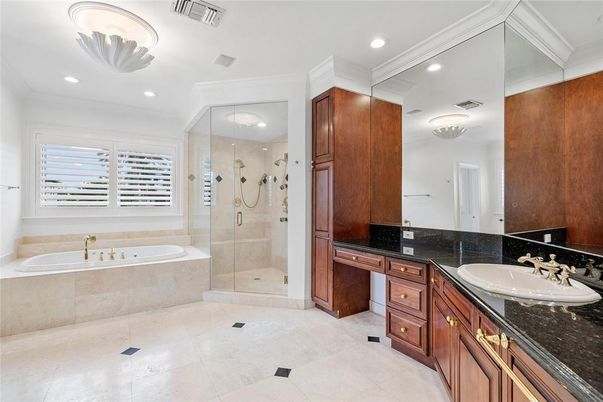 Bathroom, Dual Sink Vanities, Glass Shower, Interior, Recessed Lighting