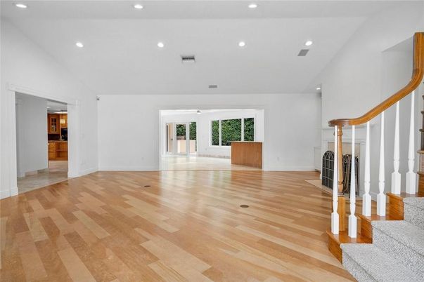Empty room, Fireplace, Interior, Recessed Lighting, Wood Texture Flooring