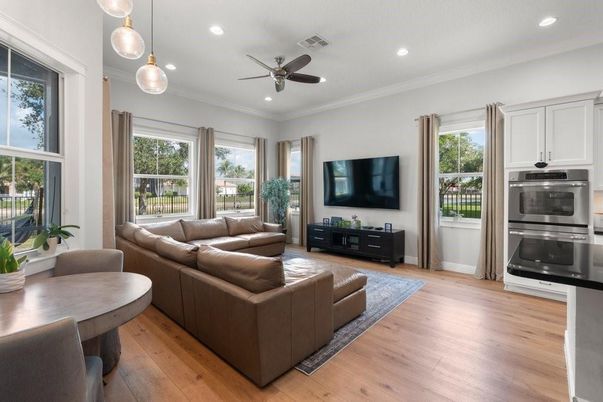 Interior, Kitchen, Living room, Pendant Lights, Recessed Lighting, Stainless Steel Appliances, Wood Texture Flooring