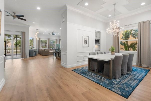 Chandelier, Dining room, Interior, Pendant Lights, Recessed Lighting, Wood Texture Flooring