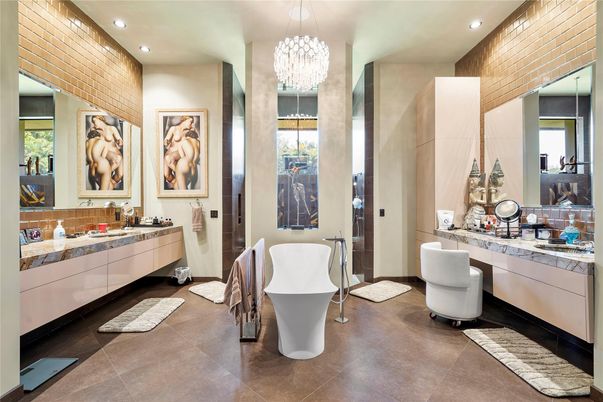 Bathroom, Chandelier, Dual Sink Vanities, Free Standing Baths, Interior, Recessed Lighting