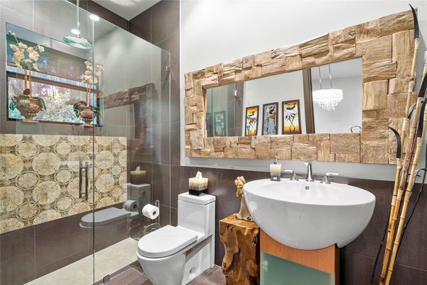 Bathroom, Glass Shower, Interior, Pendant Lights