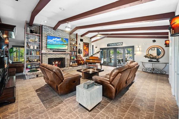 Fireplace, Interior, Living room, Piano, Recessed Lighting, Stone Walls, Wooden Beams