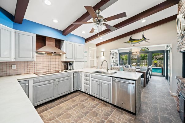 Dining room, Interior, Kitchen, Recessed Lighting, Stainless Steel Appliances, Wooden Beams