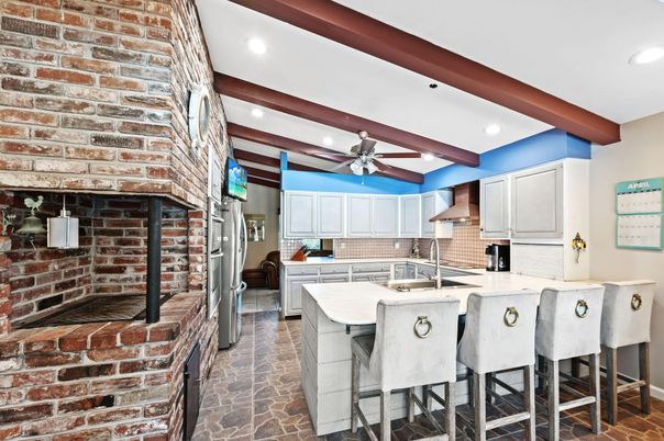 Interior, Kitchen, Recessed Lighting, Stone Walls, Wooden Beams