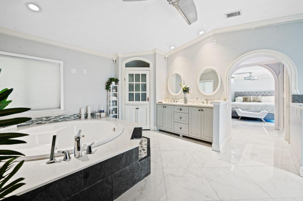 Bathroom, Bedroom, Dual Sink Vanities, Interior, Marble, Recessed Lighting