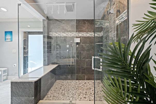Bathroom, Glass Shower, Interior, Marble, Recessed Lighting