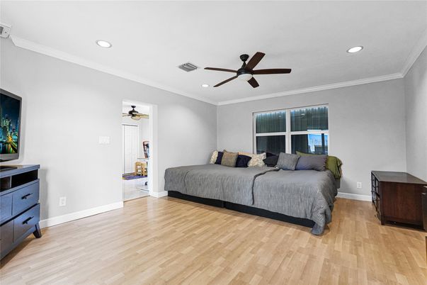 Bedroom, Interior, Recessed Lighting, Wood Texture Flooring