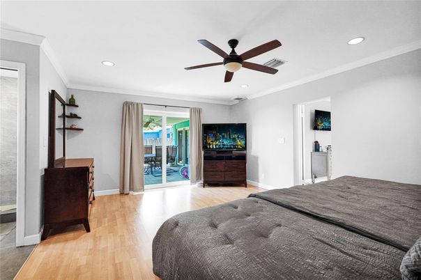 Bedroom, Interior, Recessed Lighting, Wood Texture Flooring
