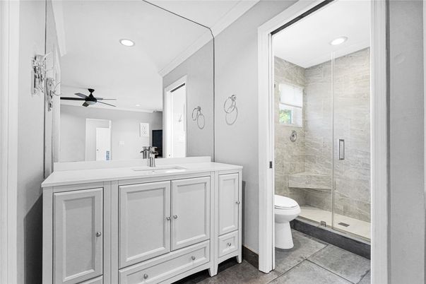 Bathroom, Glass Shower, Interior, Recessed Lighting