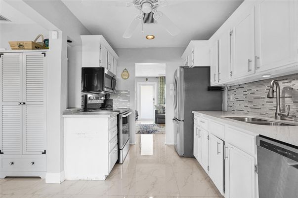 Interior, Kitchen, Marble, Recessed Lighting, Stainless Steel Appliances