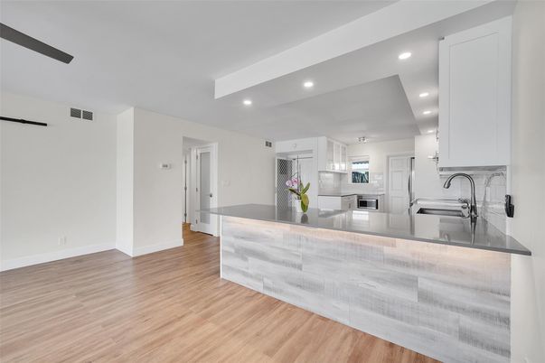 Interior, Kitchen, Recessed Lighting, Stainless Steel Appliances, Wood Texture Flooring