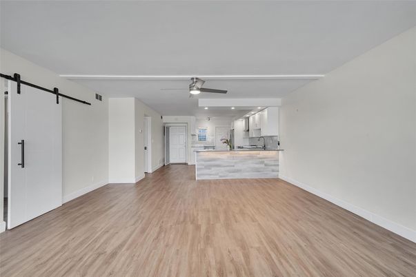 Empty room, Interior, Kitchen, Recessed Lighting, Wood Texture Flooring