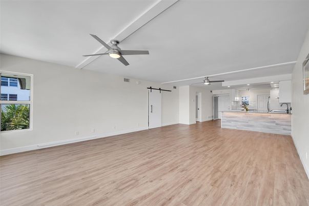 Empty room, Interior, Kitchen, Recessed Lighting, Wood Texture Flooring