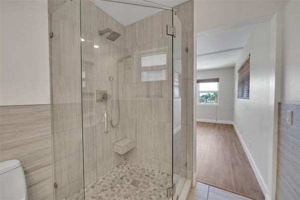 Bathroom, Glass Shower, Interior, Wood Texture Flooring