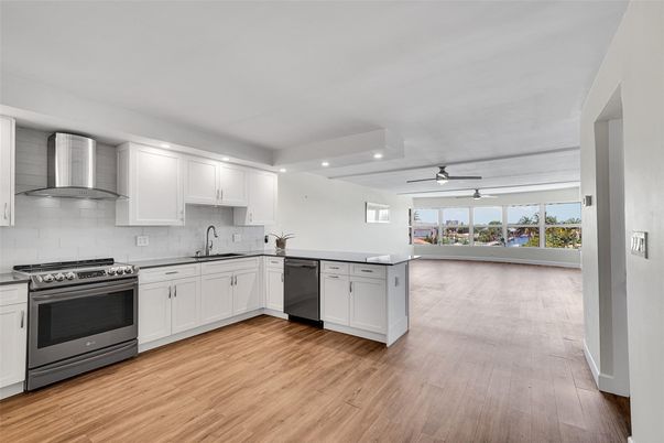 Interior, Kitchen, Recessed Lighting, Stainless Steel Appliances, Wood Texture Flooring