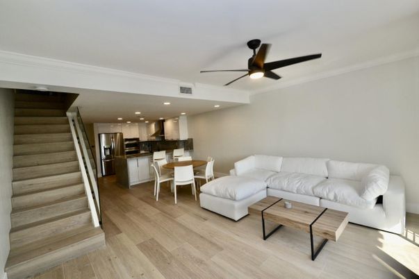Dining room, Interior, Kitchen, Living room, Recessed Lighting, Stainless Steel Appliances, Wood Texture Flooring