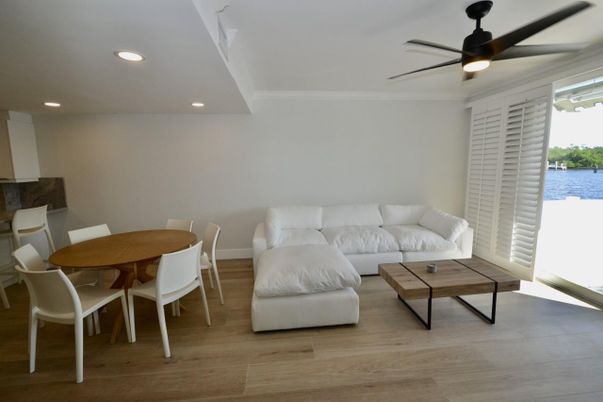 Dining room, Interior, Living room, Recessed Lighting, Water, Wood Texture Flooring