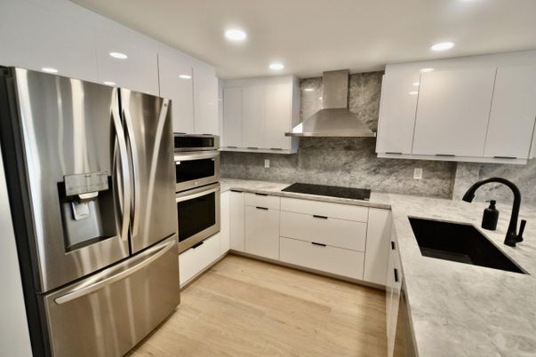 Interior, Kitchen, Recessed Lighting, Stainless Steel Appliances, Wood Texture Flooring