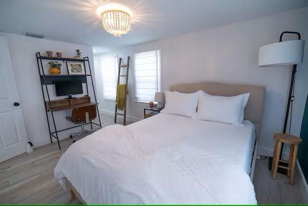 Bedroom, Chandelier, Interior, Wood Texture Flooring