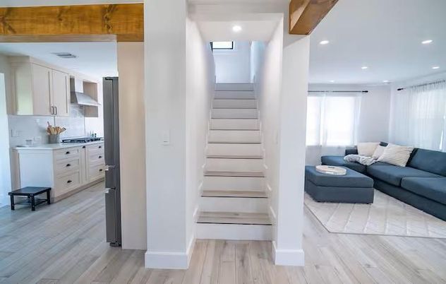 Interior, Kitchen, Living room, Recessed Lighting, Wooden Beams, Wood Texture Flooring