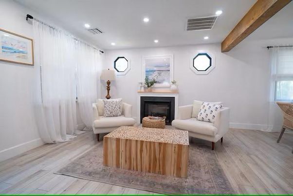 Fireplace, Interior, Living room, Recessed Lighting, Wooden Beams, Wood Texture Flooring