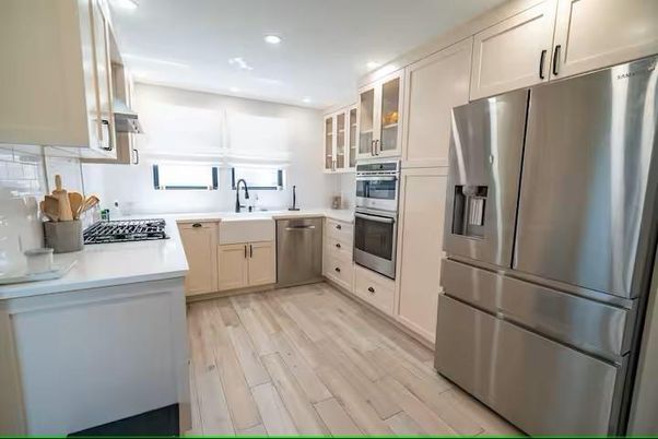 Interior, Kitchen, Recessed Lighting, Stainless Steel Appliances, Wood Texture Flooring