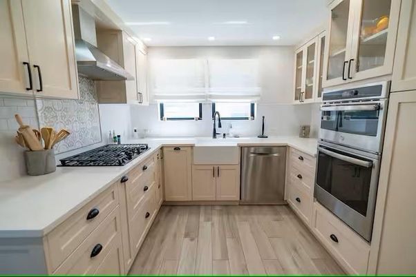 Interior, Kitchen, Recessed Lighting, Stainless Steel Appliances, Wood Texture Flooring