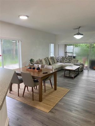 Dining room, Interior, Living room, Recessed Lighting, Wood Texture Flooring