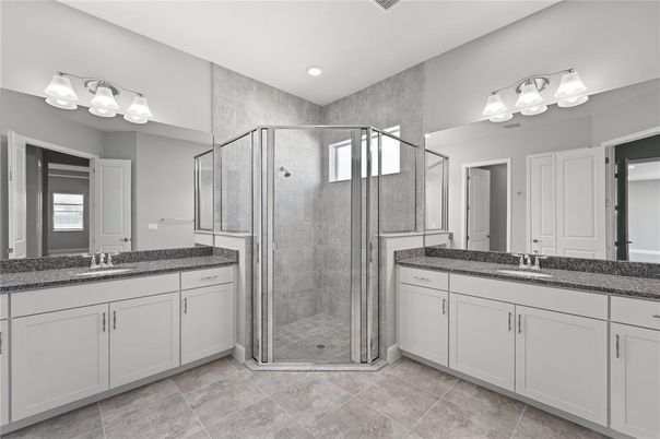 Bathroom, Dual Sink Vanities, Glass Shower, Interior, Recessed Lighting
