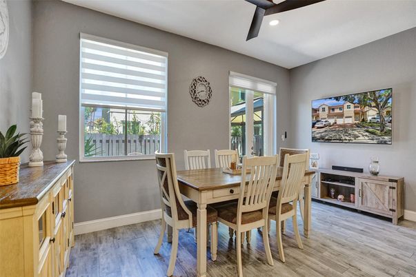 Dining room, Interior, Recessed Lighting, Wood Texture Flooring