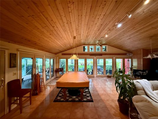 Billiard Table, Game Room, Interior, Pendant Lights, Recessed Lighting, Wooden Ceilings
