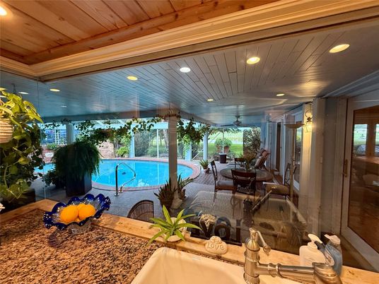 Dining room, Interior, Pool, Recessed Lighting, Wooden Ceilings