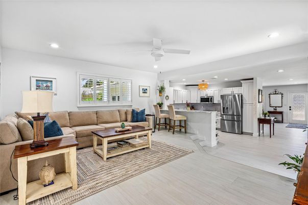 Dining room, Interior, Kitchen, Living room, Recessed Lighting, Stainless Steel Appliances, Wood Texture Flooring