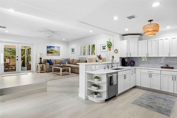 Interior, Kitchen, Living room, Recessed Lighting, Wood Texture Flooring