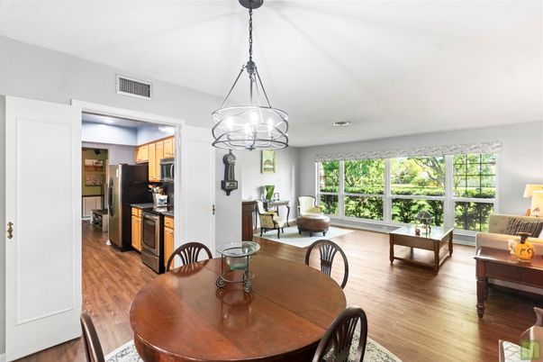 Dining room, Interior, Kitchen, Living room, Pendant Lights, Stainless Steel Appliances, Wood Texture Flooring
