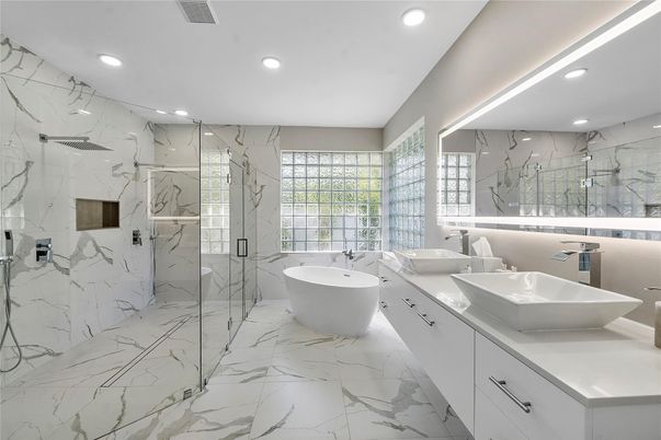 Bathroom, Dual Sink Vanities, Free Standing Baths, Glass Shower, Interior, Marble, Marble Walls, Recessed Lighting