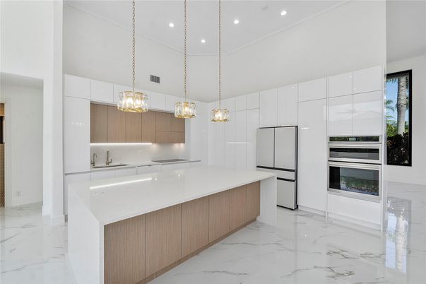Interior, Kitchen, Marble, Pendant Lights, Recessed Lighting, Stainless Steel Appliances