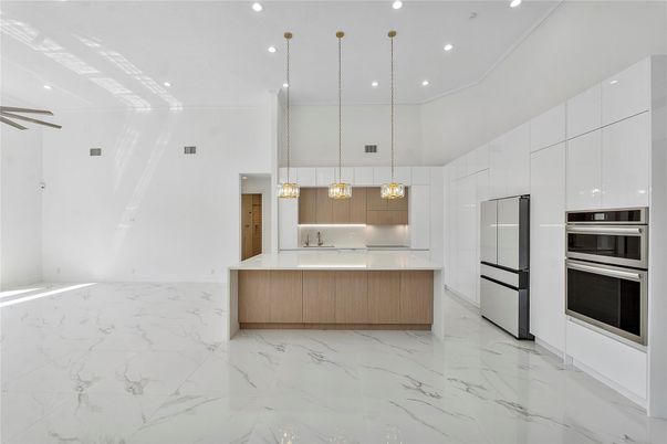 Interior, Kitchen, Marble, Pendant Lights, Recessed Lighting, Stainless Steel Appliances