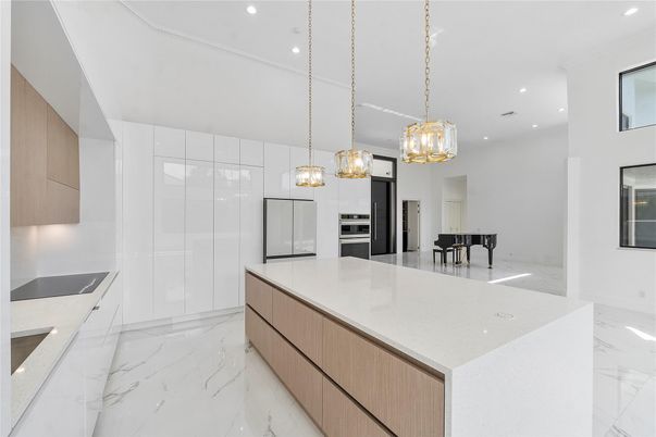 Interior, Kitchen, Marble, Pendant Lights, Recessed Lighting, Stainless Steel Appliances