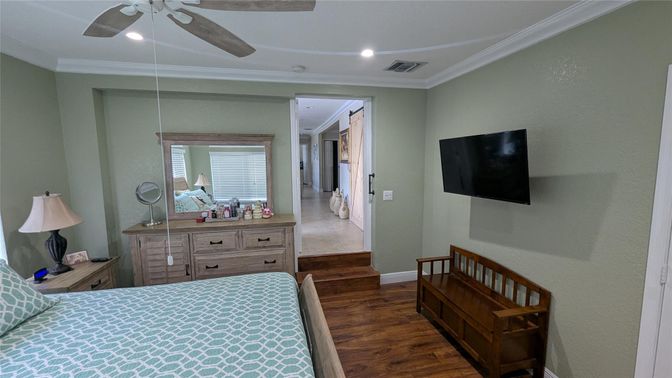 Bedroom, Interior, Recessed Lighting, Wood Texture Flooring