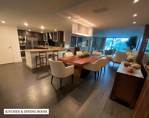 Chandelier, Dining room, Interior, Kitchen, Living room, Recessed Lighting, Stainless Steel Appliances, Wood Texture Flooring