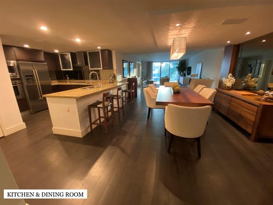 Dining room, Interior, Kitchen, Pendant Lights, Recessed Lighting, Stainless Steel Appliances, Wood Texture Flooring