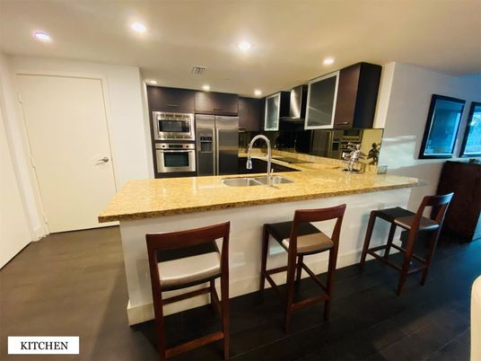 Interior, Kitchen, Recessed Lighting, Stainless Steel Appliances, Wood Texture Flooring